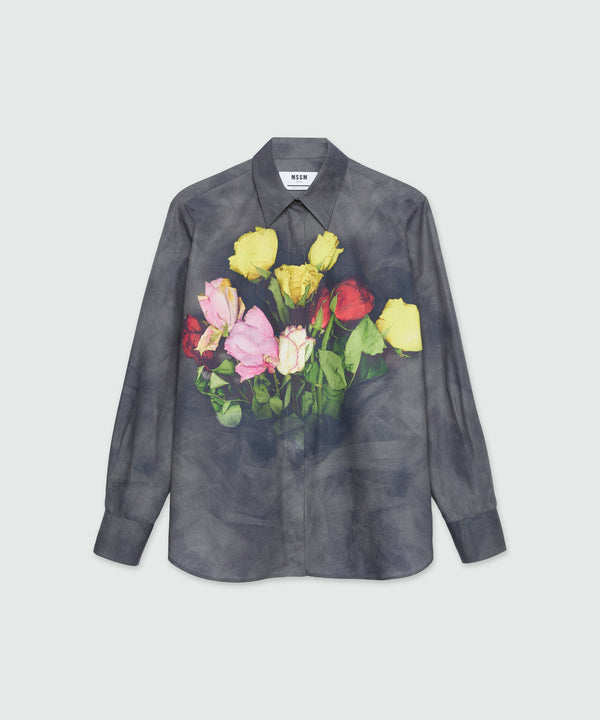 Black poplin shirt with "Roses bouquet" print