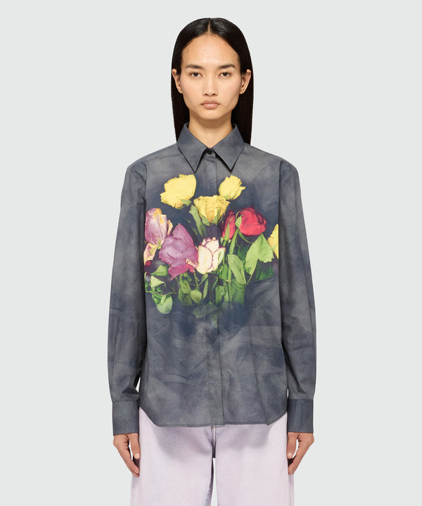 Black poplin shirt with "Roses bouquet" print