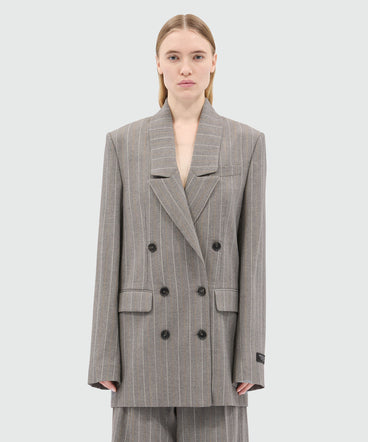 Double-breasted grey melange jacket in lightweight chevron pinstripe wool