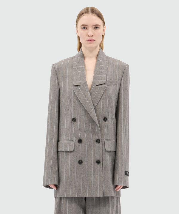 Double-breasted grey melange jacket in lightweight chevron pinstripe wool