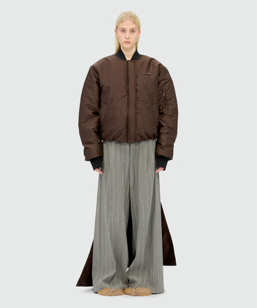 Brown duchesse bomber jacket with drapes