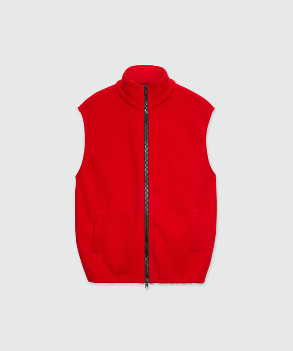 Red fleece vest with high collar
