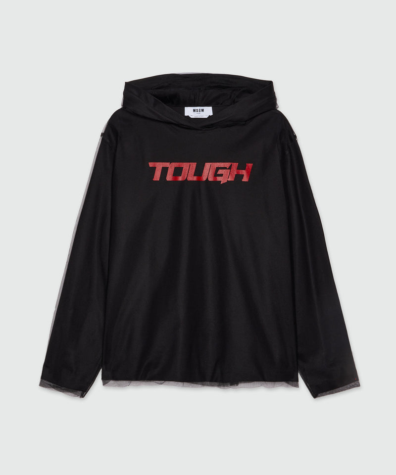 Black tulle mix hoodie with "TOUGH" print 99 Women 