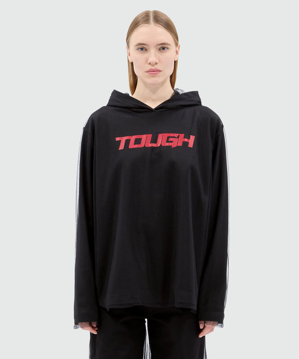 Black tulle mix hoodie with "TOUGH" print