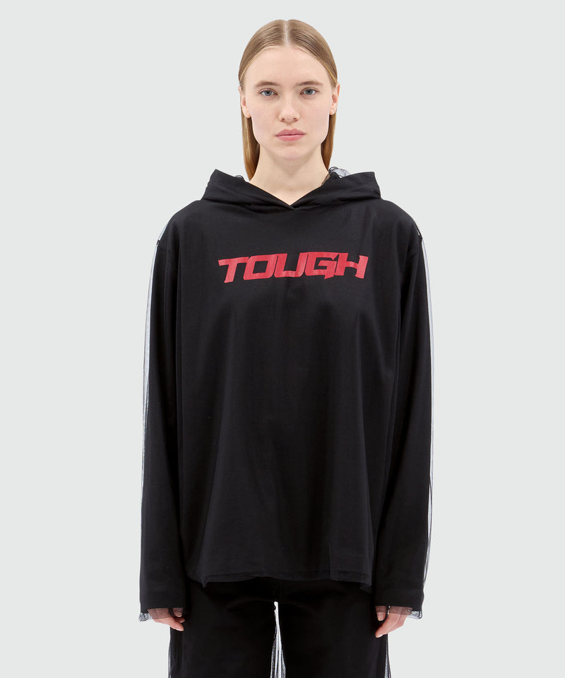 Black tulle mix hoodie with "TOUGH" print 99 Women 