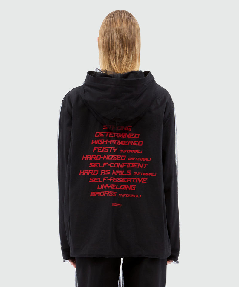 Black tulle mix hoodie with "TOUGH" print 99 Women 