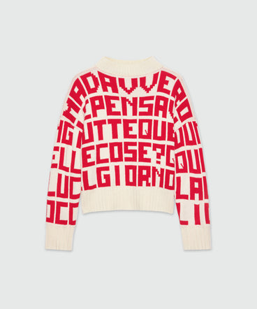 Caterina Frongia x MSGM cream sweater with red jacquard quotes
