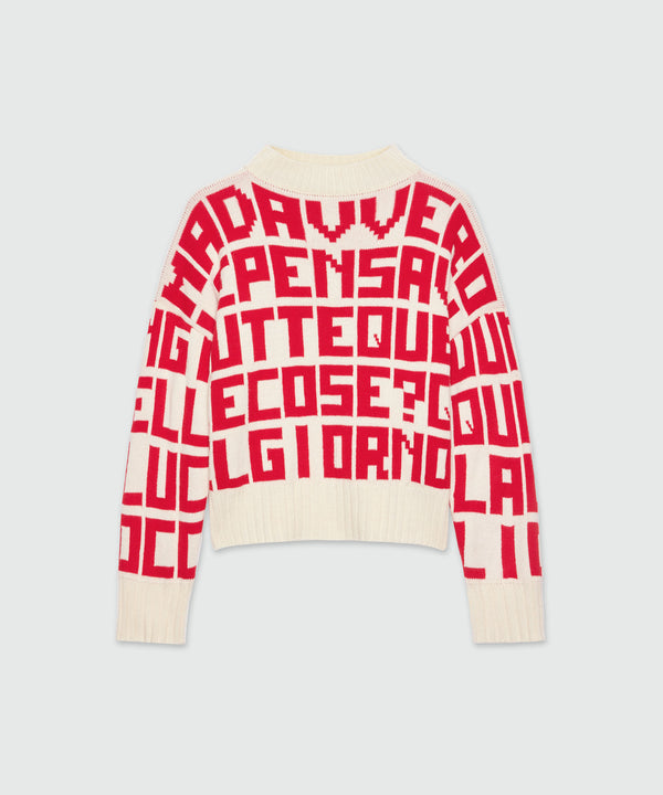 Caterina Frongia x MSGM cream sweater with red jacquard quotes