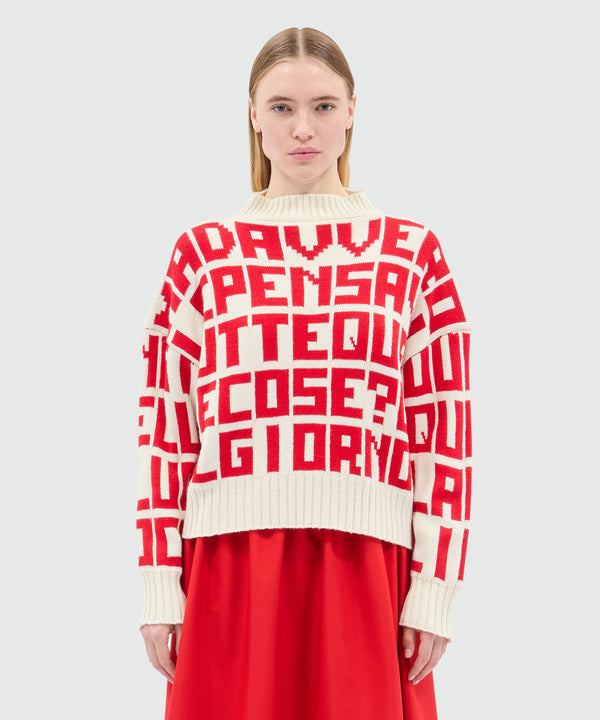 Caterina Frongia x MSGM cream sweater with red jacquard quotes