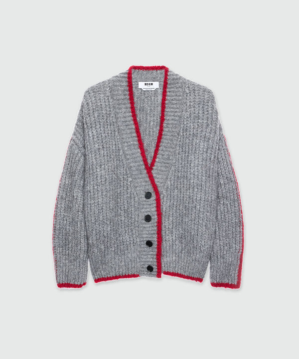 Grey cardigan in supersoft knit with contrasting trim