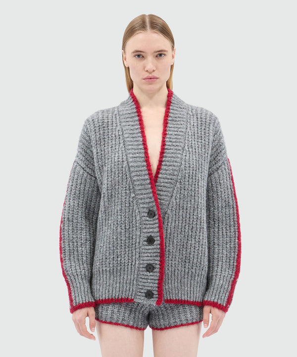 Grey cardigan in supersoft knit with contrasting trim