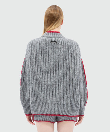 Grey cardigan in supersoft knit with contrasting trim