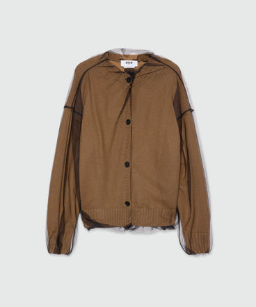 Beige wool blend cardigan with tulle layer
