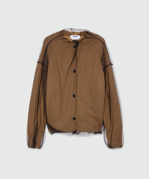 Beige wool blend cardigan with tulle layer