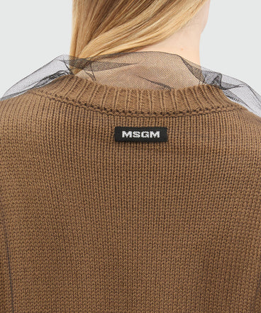Beige wool blend cardigan with tulle layer