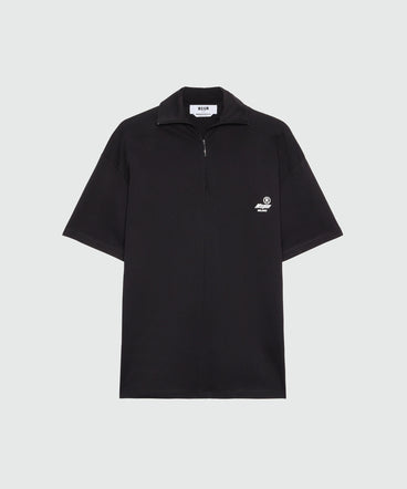 Black jersey T-shirt with high neck and zip