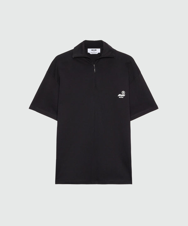 Black jersey T-shirt with high neck and zip