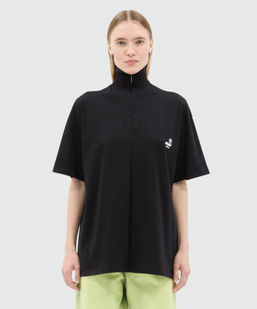 Black jersey T-shirt with high neck and zip