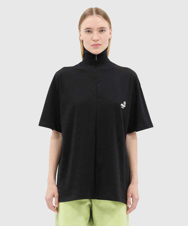 Black jersey T-shirt with high neck and zip