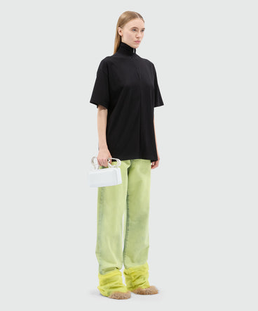 Black jersey T-shirt with high neck and zip