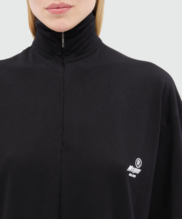 Black jersey T-shirt with high neck and zip