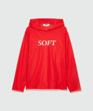 Red hooded sweatshirt in tulle and cotton with "SOFT" print
