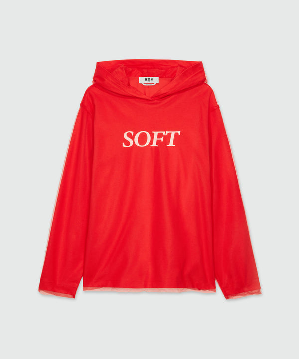 Red hooded sweatshirt in tulle and cotton with "SOFT" print