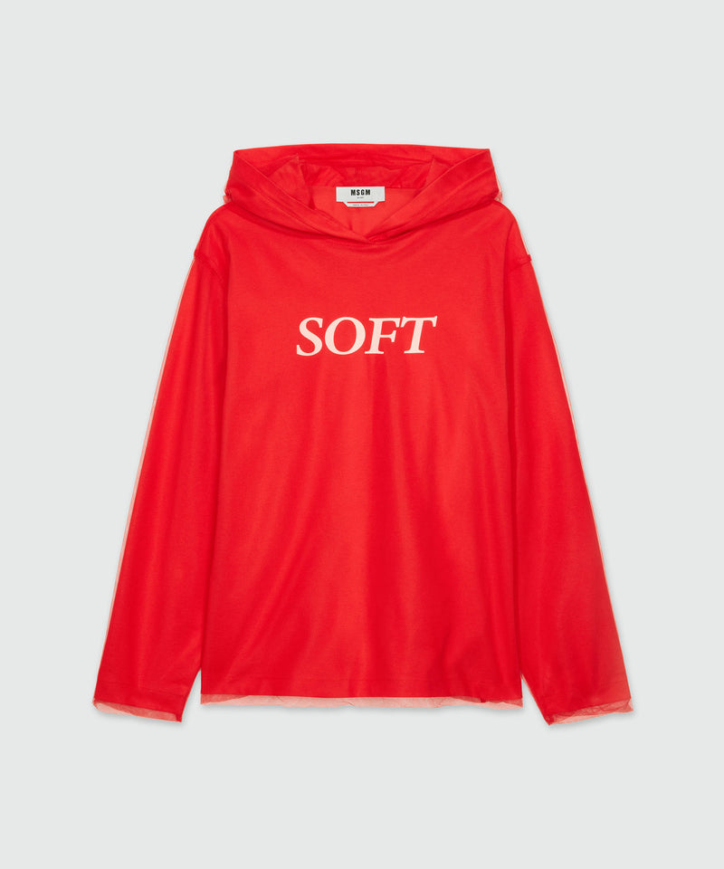 Red hooded sweatshirt in tulle and cotton with "SOFT" print 16 Women 