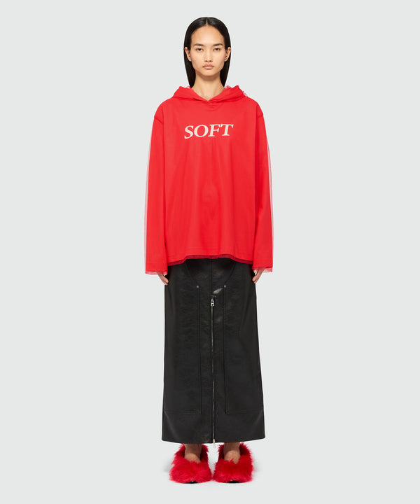 Red hooded sweatshirt in tulle and cotton with "SOFT" print