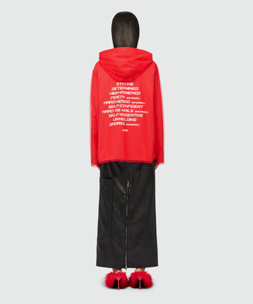 Red hooded sweatshirt in tulle and cotton with "SOFT" print