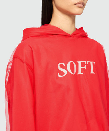 Red hooded sweatshirt in tulle and cotton with "SOFT" print