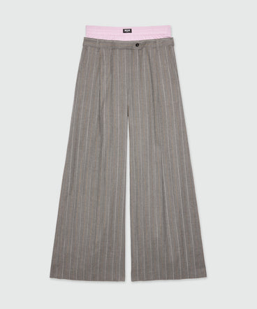 Wide-leg trousers in light wool with a pinstripe pattern in grey melange with elastic.