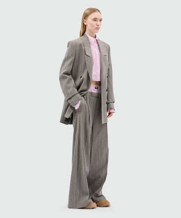 Wide-leg trousers in light wool with a pinstripe pattern in grey melange with elastic.
