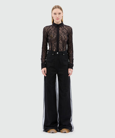 Black five-pocket trousers in bull denim and tulle