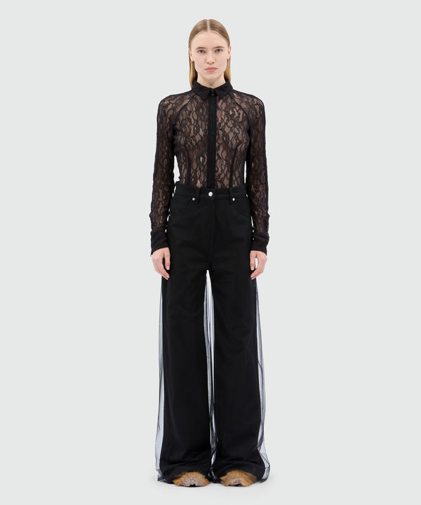 Black five-pocket trousers in bull denim and tulle