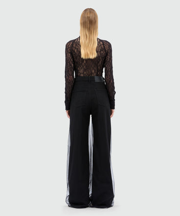 Black five-pocket trousers in bull denim and tulle