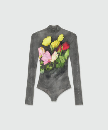 Black stretch tulle bodysuit with "Roses bouquet" graphic