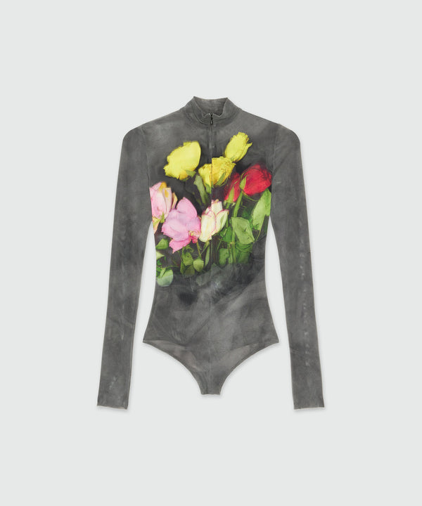 Black stretch tulle bodysuit with "Roses bouquet" graphic