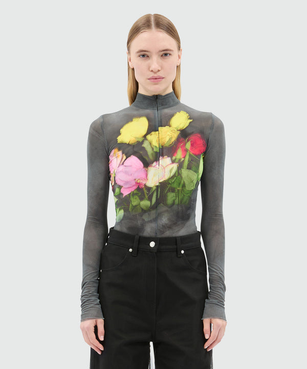 Black stretch tulle bodysuit with "Roses bouquet" graphic