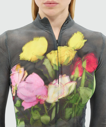 Black stretch tulle bodysuit with "Roses bouquet" graphic