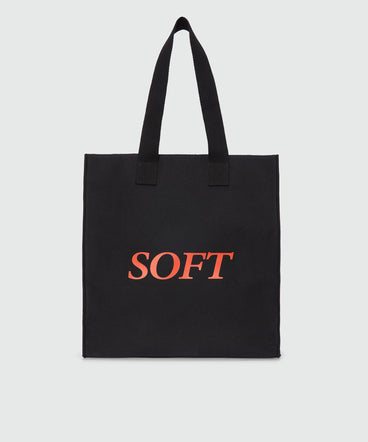 Black canvas tote with "Soft" print and lettering