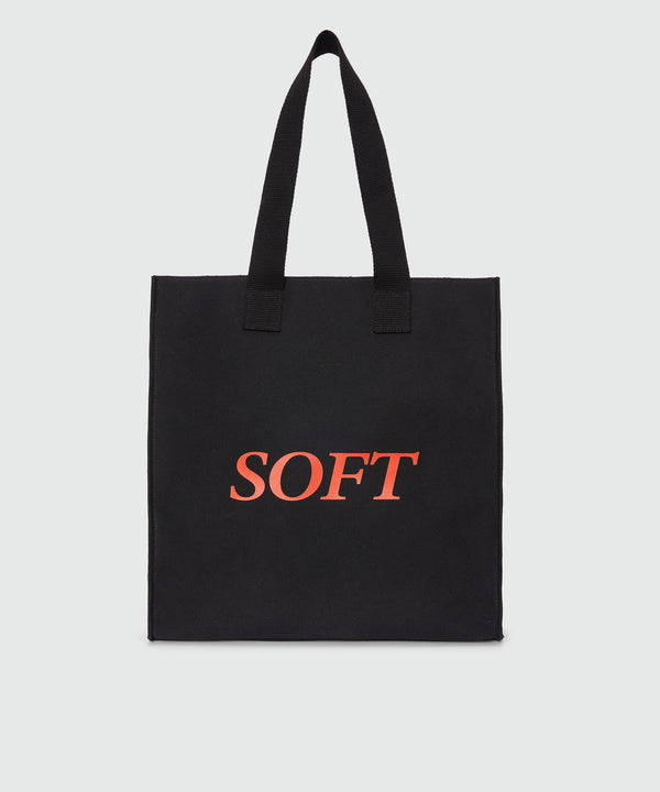 Black canvas tote with "Soft" print and lettering