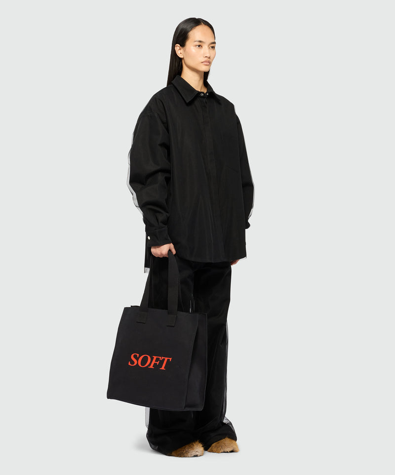 Black canvas tote with "Soft" print and lettering 99 Women 