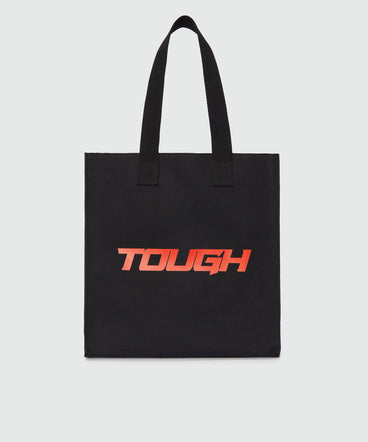 Black canvas tote with "Tough" print and lettering