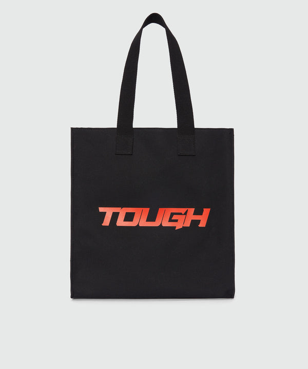 Black canvas tote with "Tough" print and lettering