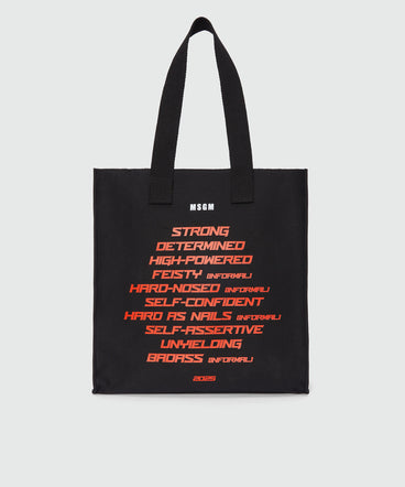 Black canvas tote with "Tough" print and lettering