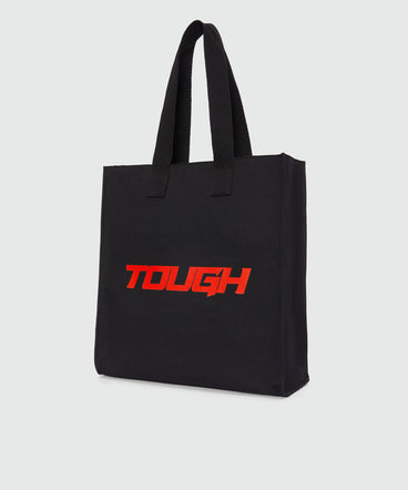 Black canvas tote with "Tough" print and lettering