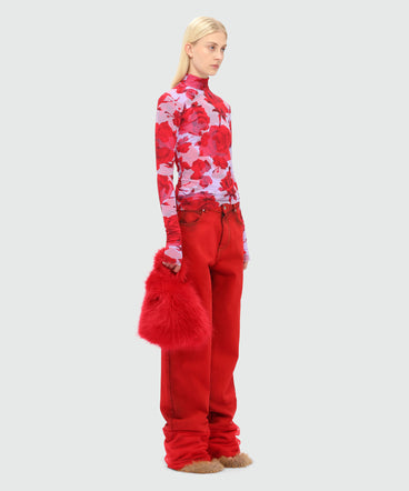 Small red handbag in fluffy faux fur