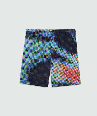 Multicolor cotton Bermuda shorts with pixel print and embroidery at the hem