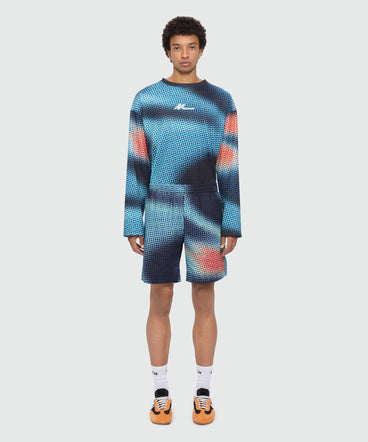 Multicolor cotton Bermuda shorts with pixel print and embroidery at the hem